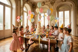Salle d'anniversaire festive à Paris avec des enfants autour d'un gâteau, décorée de ballons et de guirlandes colorées