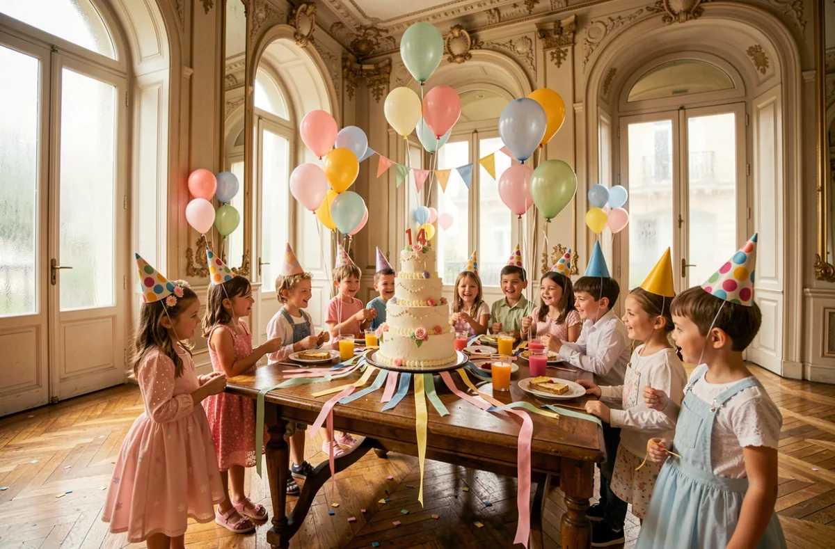 Salle d'anniversaire festive à Paris avec des enfants autour d'un gâteau, décorée de ballons et de guirlandes colorées