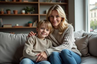 Sara Mortensen et son fils Aksel sur un canapé à Paris