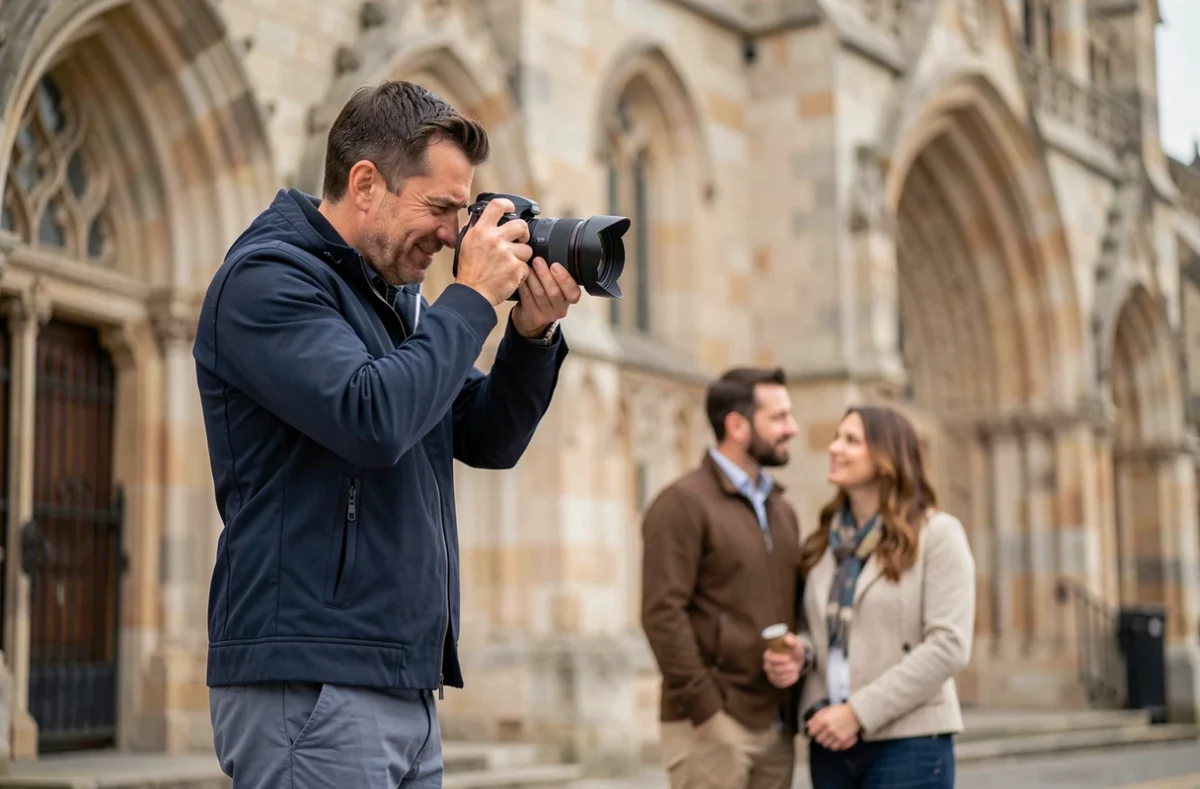 Photographe capturant un portrait de couple devant la cathédrale d'Auch en extérieur