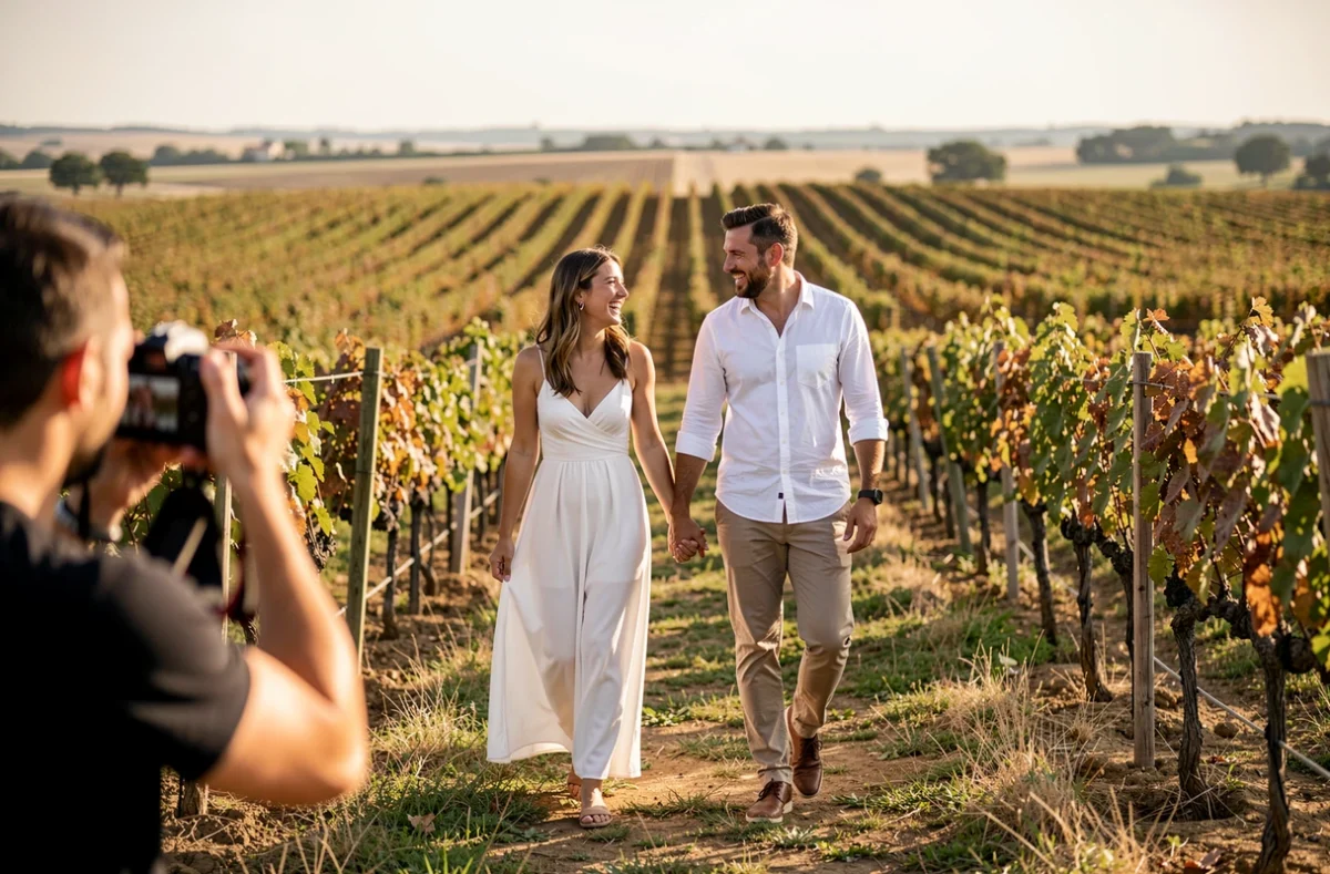 Séance photo de mariage en extérieur dans les vignes près de Béziers, couple en pleine nature