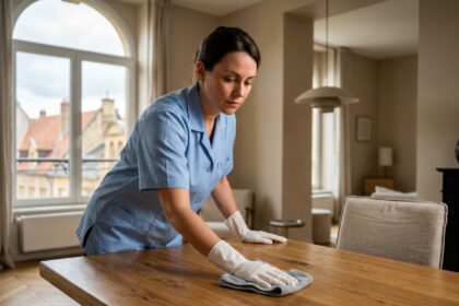 Femme de ménage professionnelle en uniforme bleu nettoyant une table en bois dans un appartement moderne à Metz