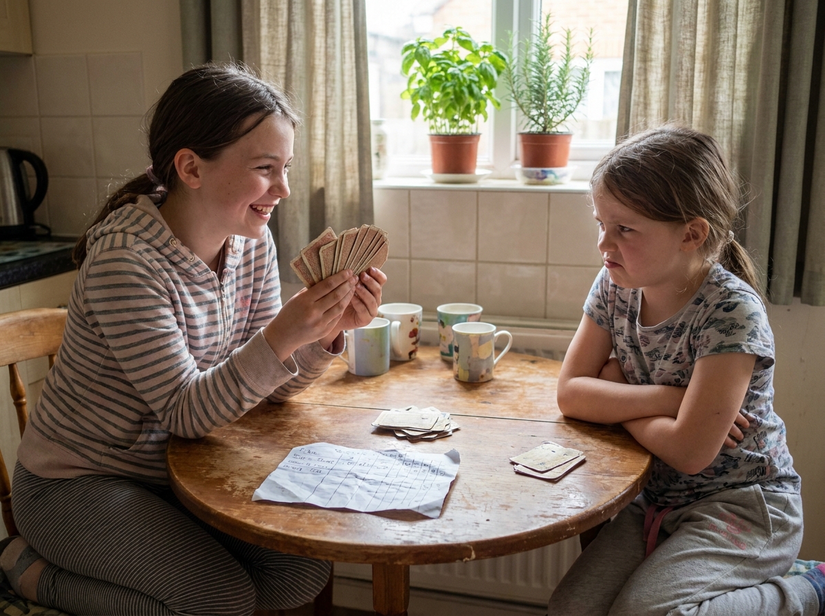 Deux sœurs jouant aux cartes à la table de cuisine familiale, expressions expressives et jeux usés témoignant d'années de parties