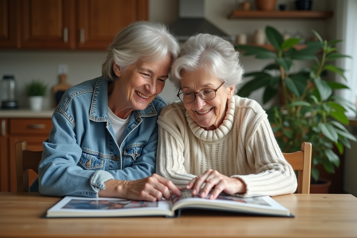 Deux soeurs jumelles assises à la cuisine en regardant un album photo