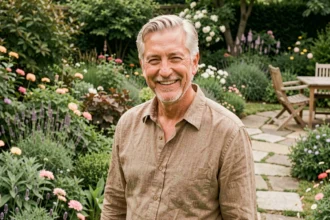 Stéphane Marie, animateur jardinier français, souriant dans un jardin fleuri naturel en 2026