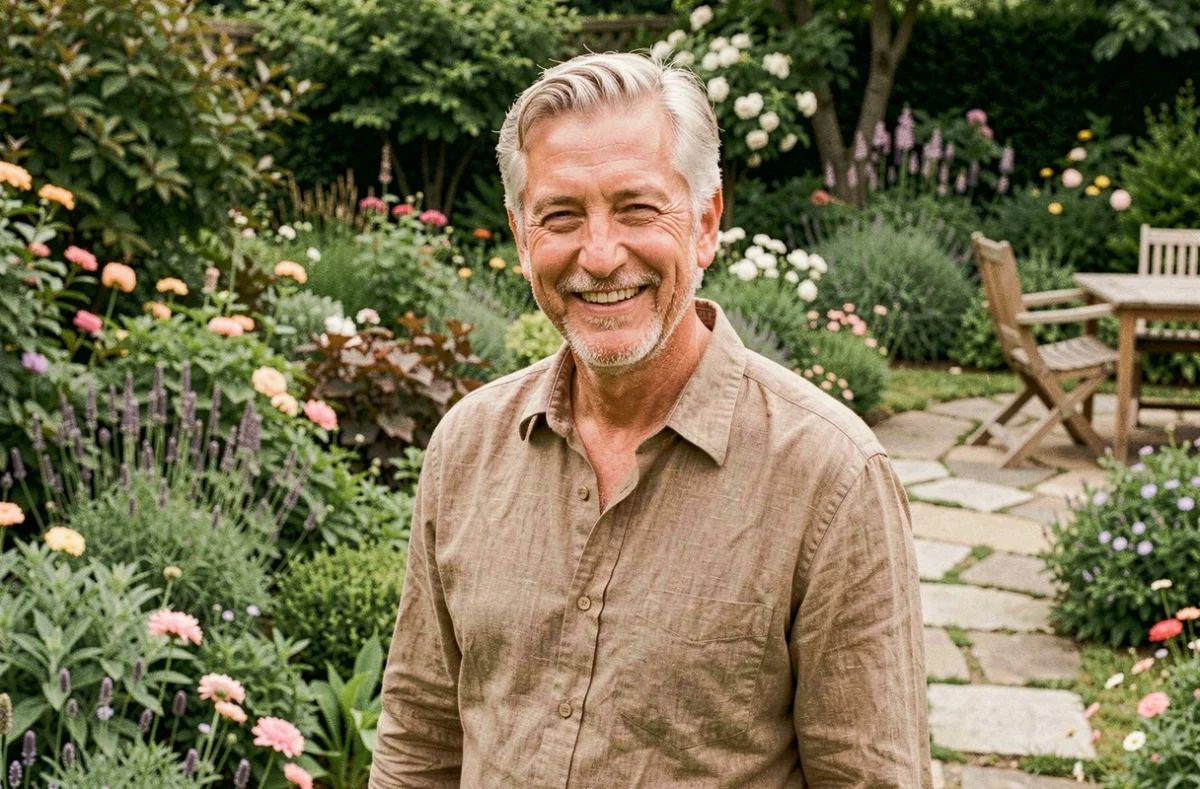 Stéphane Marie, animateur jardinier français, souriant dans un jardin fleuri naturel en 2026