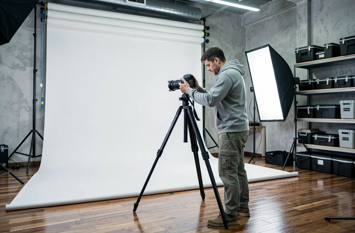 Jeune photographe installant son équipement dans un studio photo abordable à Brive-la-Gaillarde