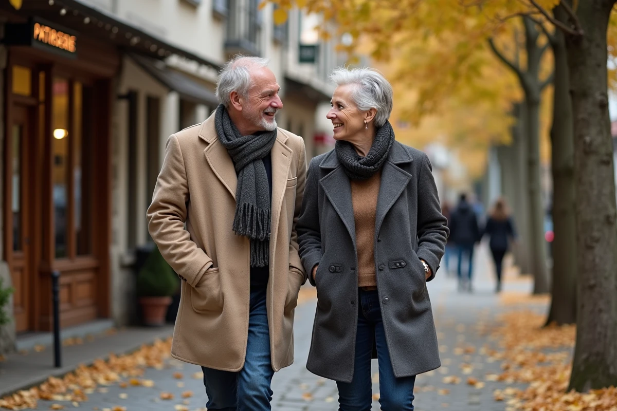 Couple se promenant dans une rue pavée en automne, évoquant la vie de couple et les engagements personnels de Véronique Jacquier